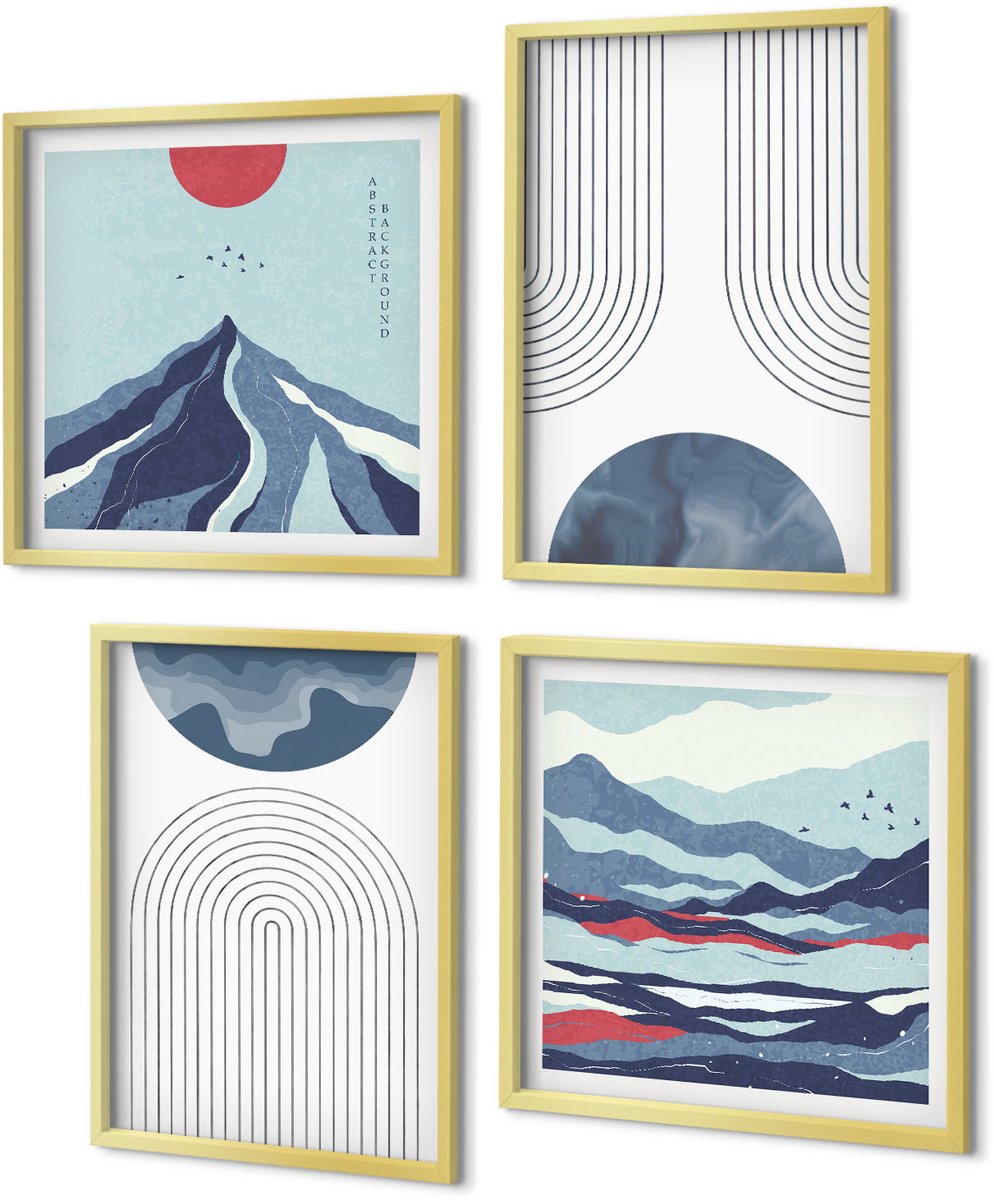 Coloray 4-Delige Schilderij Set - Abstracte patronen, berglandschappen, Japandi - 40 x 40 cm en 40 x 60 cm - Wanddecoratie - Woonkamer Decoratie