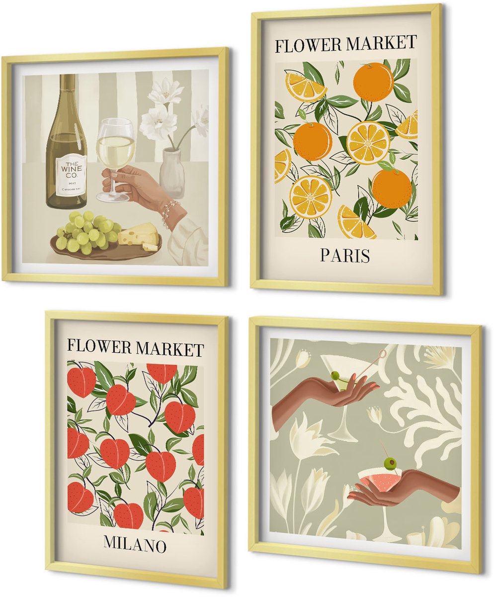 Coloray 4-Delige Schilderij Set - Bloemenposters en wijn Milaan Parijs - 40 x 40 cm en 40 x 60 cm - Muurdecoratie - Wanddecoratie - Slaapkamer