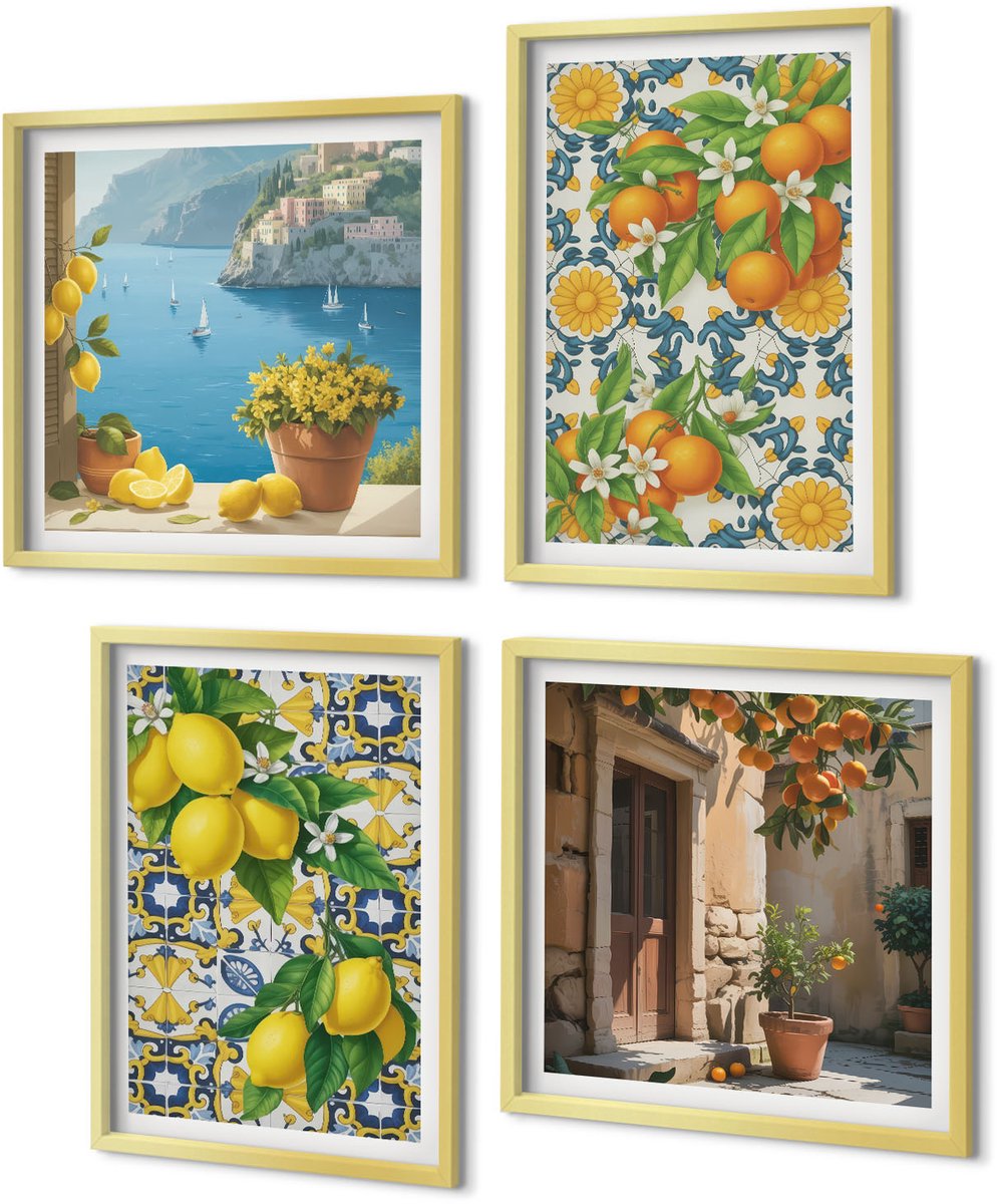 Coloray 4-Delige Schilderij Set - Citroenen, bloemen en sinaasappels in Italiaanse stijl - 40 x 40 cm en 40 x 60 cm - Wanddecoratie - Moderne Interieurdecoratie - Moderne Wanddecoratie