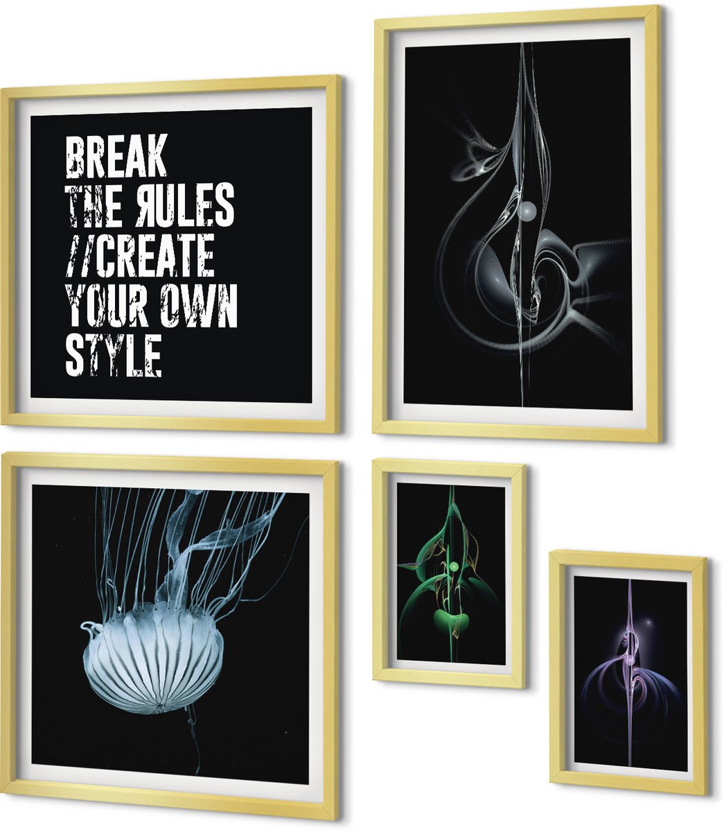 Coloray 5-Delige Schilderij Set - Abstracte Composities Met Als Thema Creativiteit En Expressie. - 50 x 50 cm, 20 x 30 cm En 40 x 60 cm - Muurdecoratie - Schilderijen Set - Woonkamer