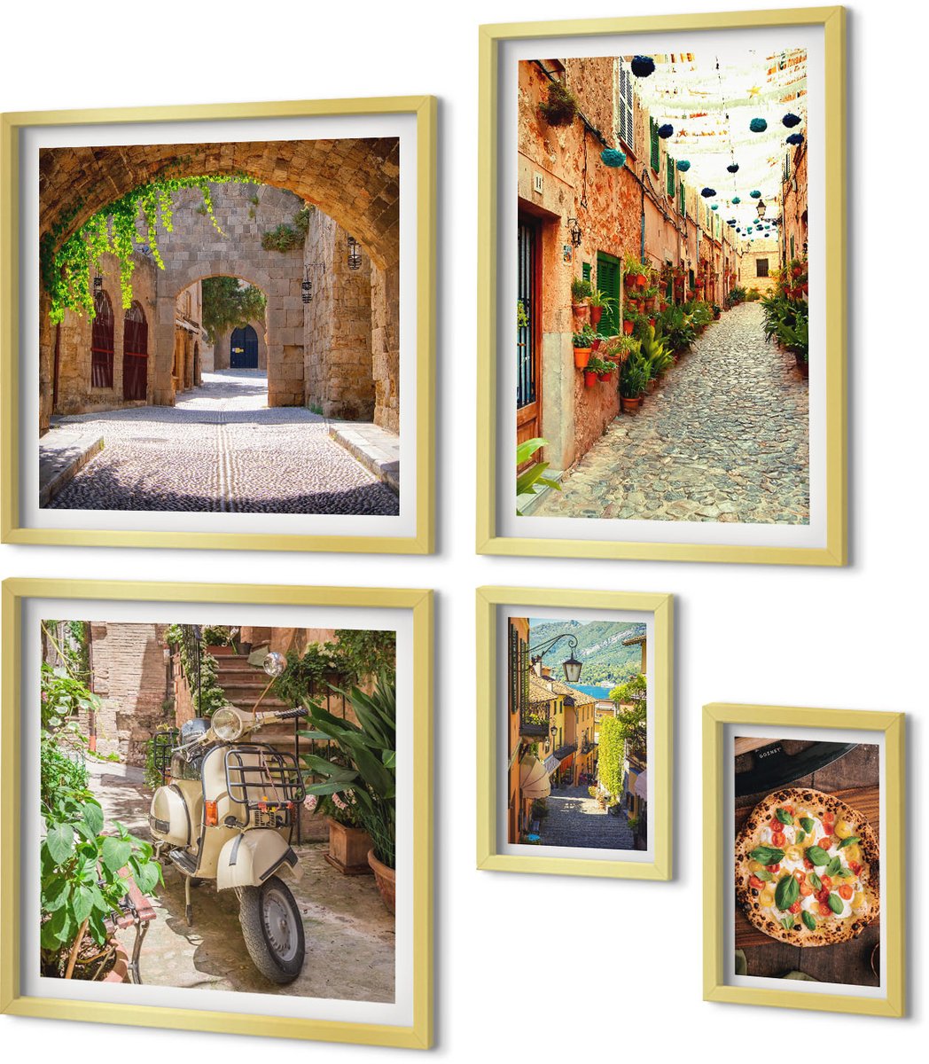 Coloray 5-Delige Schilderij Set - Sfeervolle Straatjes En Heerlijke Gerechten In Italiaanse Stijl. - 50 x 50 cm, 20 x 30 cm En 40 x 60 cm - Moderne Wanddecoratie - Slaapkamer - Decoratieve Schilderijen