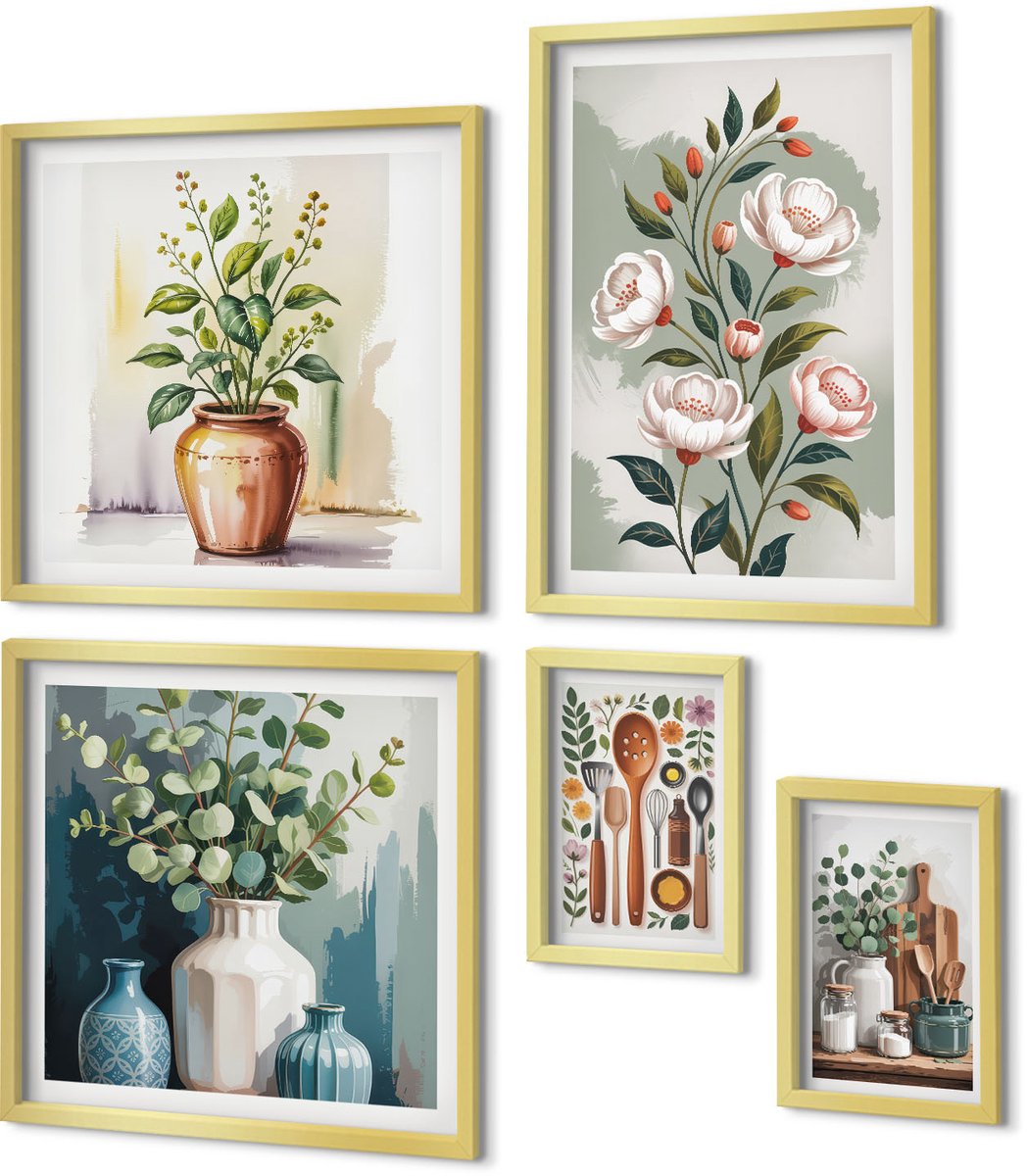 Coloray 5-Delige Schilderij Set - Stijlvolle Decoraties Met Plantmotieven En Keukenaccessoires - 50 x 50 cm, 20 x 30 cm En 40 x 60 cm - Wanddecoratie - Moderne Interieurdecoratie - Muurdecoratie