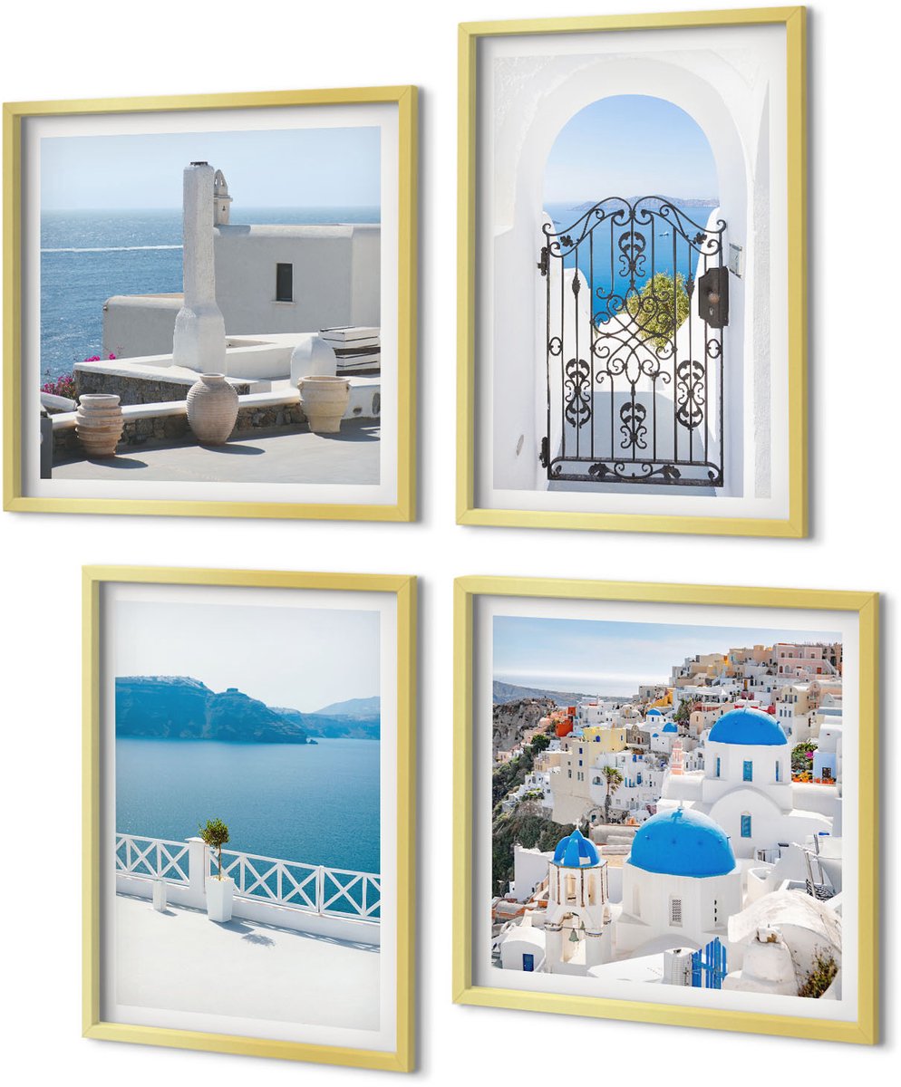 Coloray 4-Delige Schilderij Set - Zeezicht met witte gebouwen in Griekenland - 40 x 40 cm en 40 x 60 cm - Decoratieve Schilderijen - Wanddecoratie - Hal - Woonkamer Decoratie