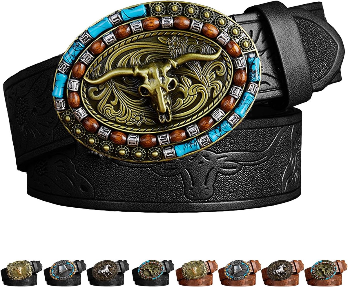 LUKIUP Western Leather Belt Belt Men's Cowboy Belt Buckle Belt Western Cowboy Accessories for Men Gifts Halloween - ShopVlot