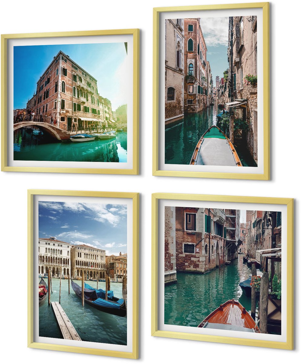 Coloray 4-Delige Schilderij Set - Uitzichten op Venetië met kanalen en stedelijke architectuur. - 40 x 40 cm en 40 x 60 cm - Stijlvolle Muurdecoratie - Slaapkamer - Wanddecoratie
