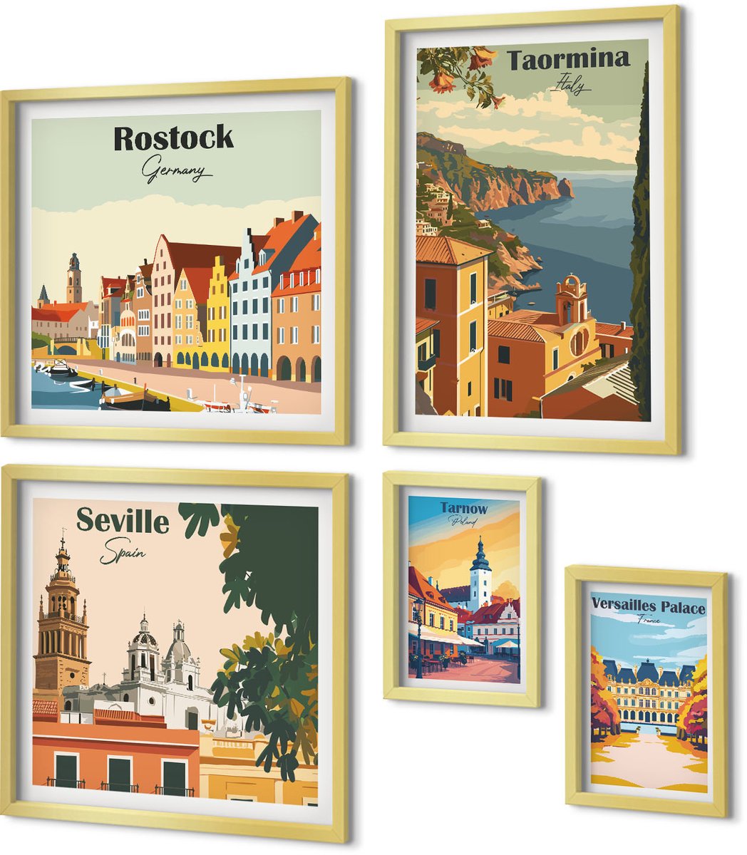 Coloray 5-Delige Schilderij Set - Landschappen Van Europese Steden Met Architectonische Iconen - 50 x 50 cm, 20 x 30 cm En 40 x 60 cm - Wanddecoratie - Schilderijen Set - Kantoor - Muurdecoratie