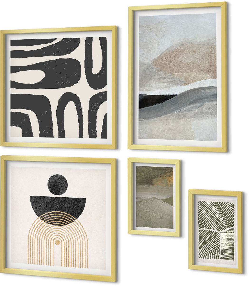 Coloray 5-Delige Schilderij Set - Abstracte Patronen En Vormen In Ingetogen Kleuren. - 50 x 50 cm, 20 x 30 cm En 40 x 60 cm - Stijlvolle Muurdecoratie - Slaapkamer - Wanddecoratie