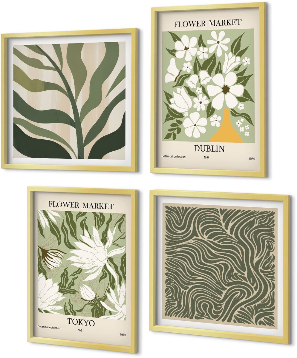 Coloray 4-Delige Schilderij Set - Plantenpatronen, botanische decoraties, boho-stijl - 40 x 40 cm en 40 x 60 cm - Schilderijen Set - Wanddecoratie - Woonkamer - Interieur Decoratie