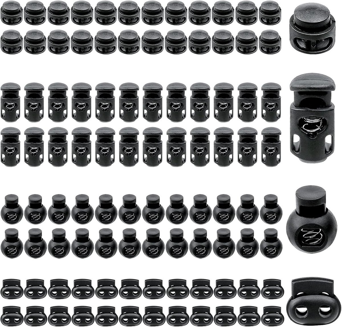 Cord Stopper, 100-Piece Single Hole Double Hole Spring Clamps, 4-Style Lace Stopper,Round Cord Stopper Plastic for - ShopVlot