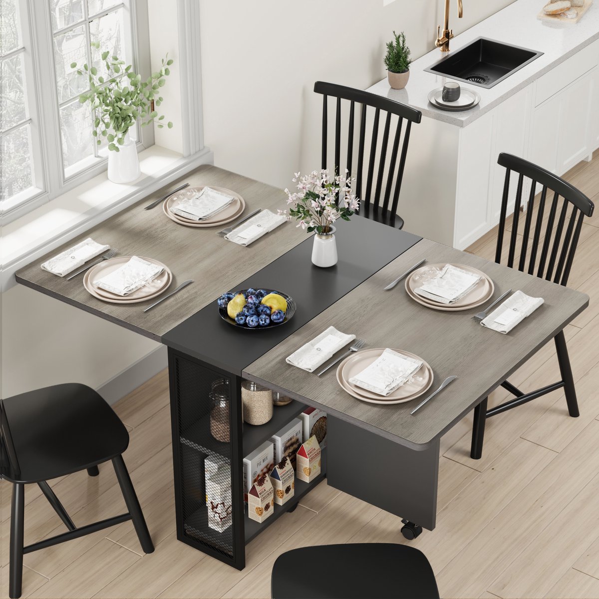 Opklapbare grijs eettafel - 127x80x75 cm - ruimtebesparend - uitschuifbaar blad - 2‑niveau opbergruimte - landelijke stijl