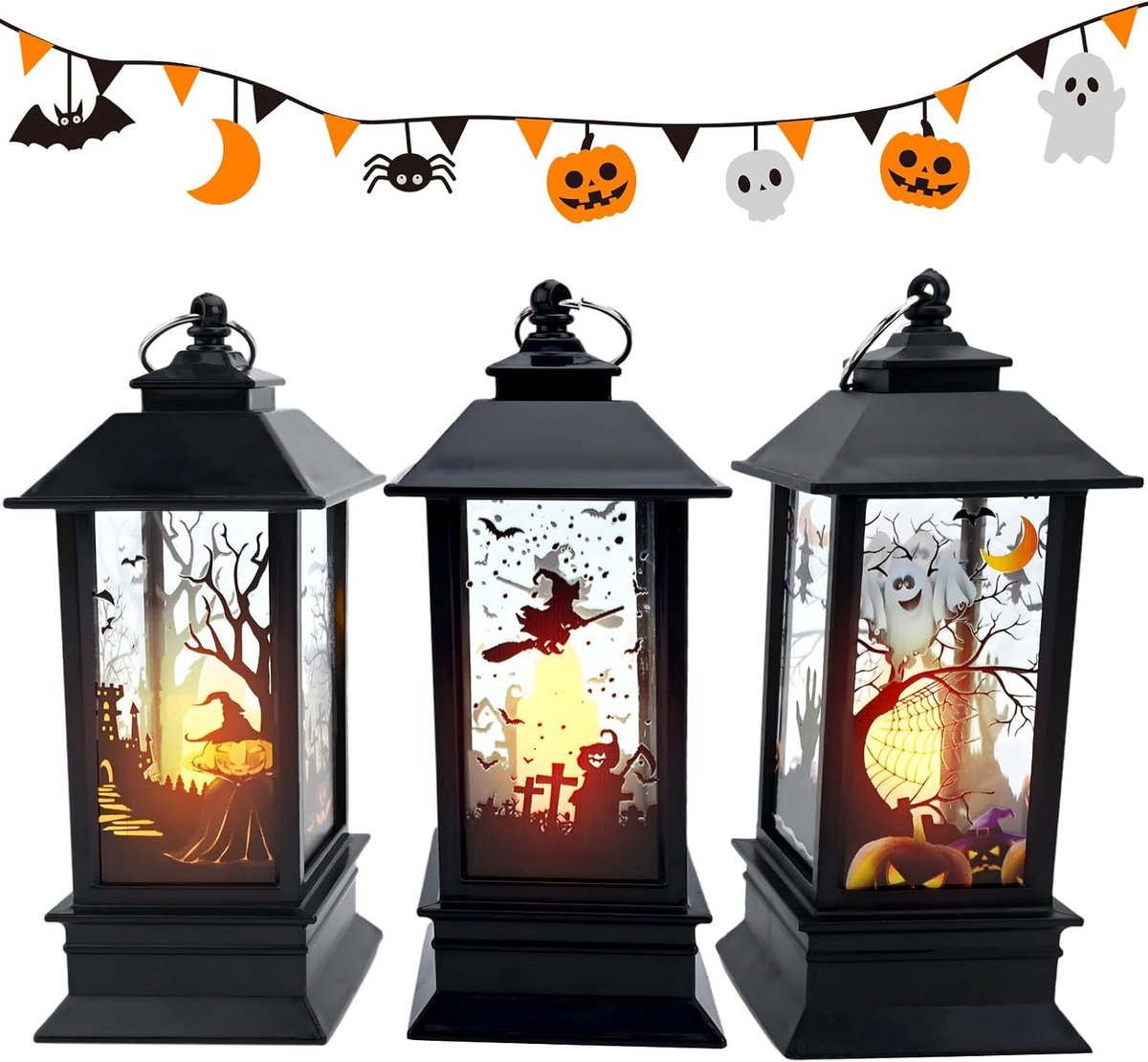 3 Pack Halloween Flame Lantern LED Retro Light Small Plastic Hanging Lights with Pumpkin Ghost Hand Lock for Party - ShopVlot