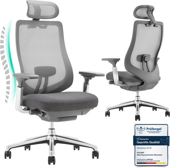 Donkergrijze ergonomische bureaustoel met mesh rugleuning, verstelbare hoofdsteun en armleuningen. Met 'Prüfengel Geprüfte Qualität' logo.