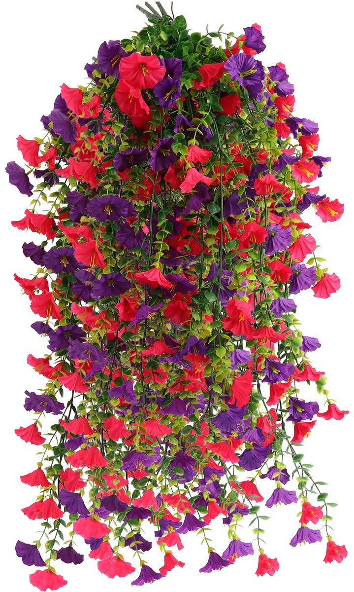 Famanu Set van 4 kunstbloemen, petunia-hangers van 80 cm, ideaal voor buiten- en binnendecoratie in roze-paars