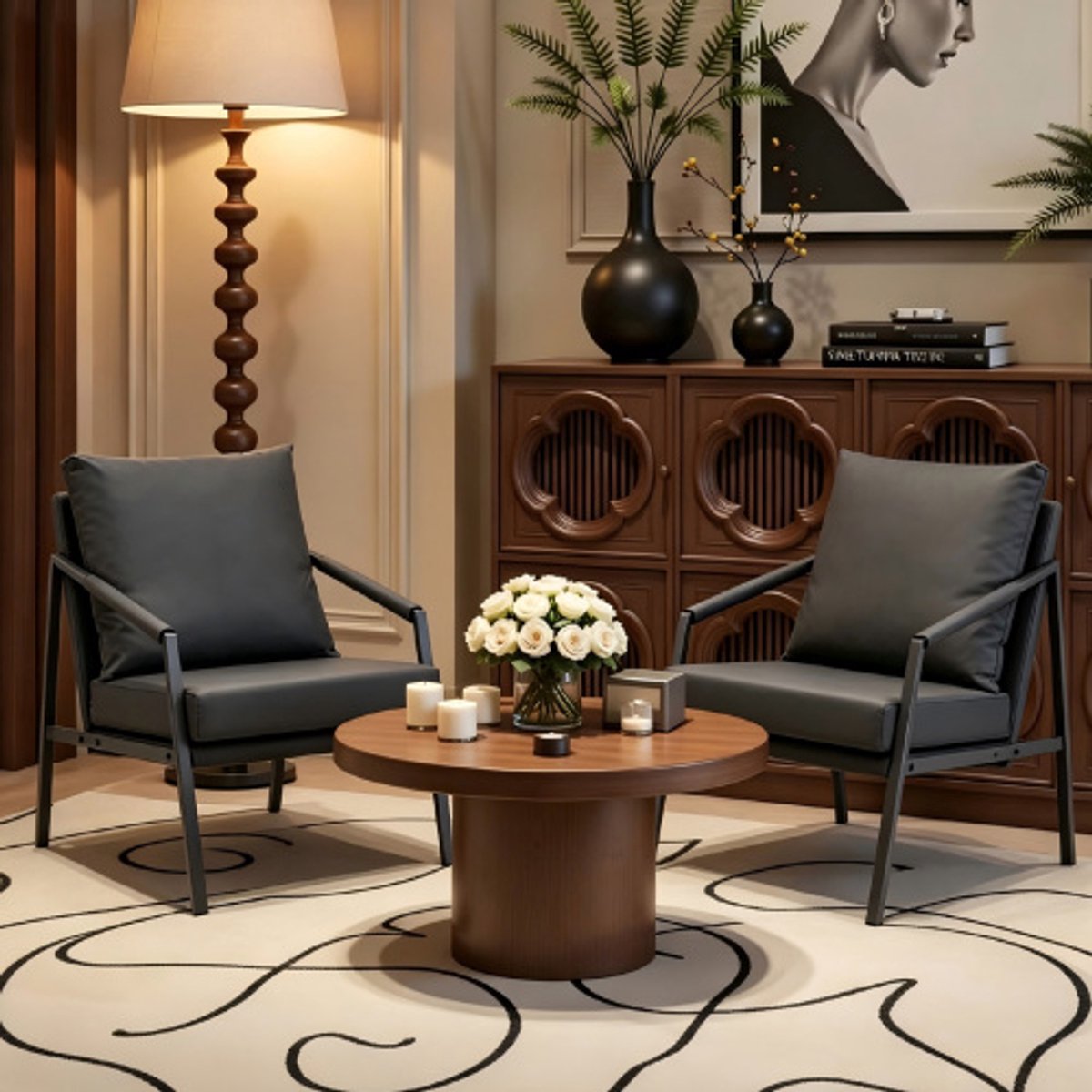 Moderne Faux-Leder-Akzente-Sessel, gepolsterte Einzelsofa-Armchair mit robuster schwarzer Metallrahmen, Industrielounge-Lesesessel für Wohnzimmer, Schlafzimmer, Büro und Wartezimmer, schwarz