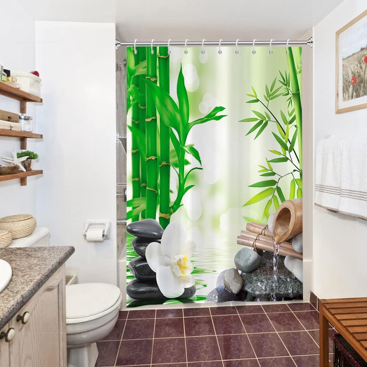 Uiiooazy Douchegordijn, 150 x 200 cm, schimmelwerend, bamboe, groene bladeren, zwart, grijs, stenen, stof, wasbaar - ShopVlot