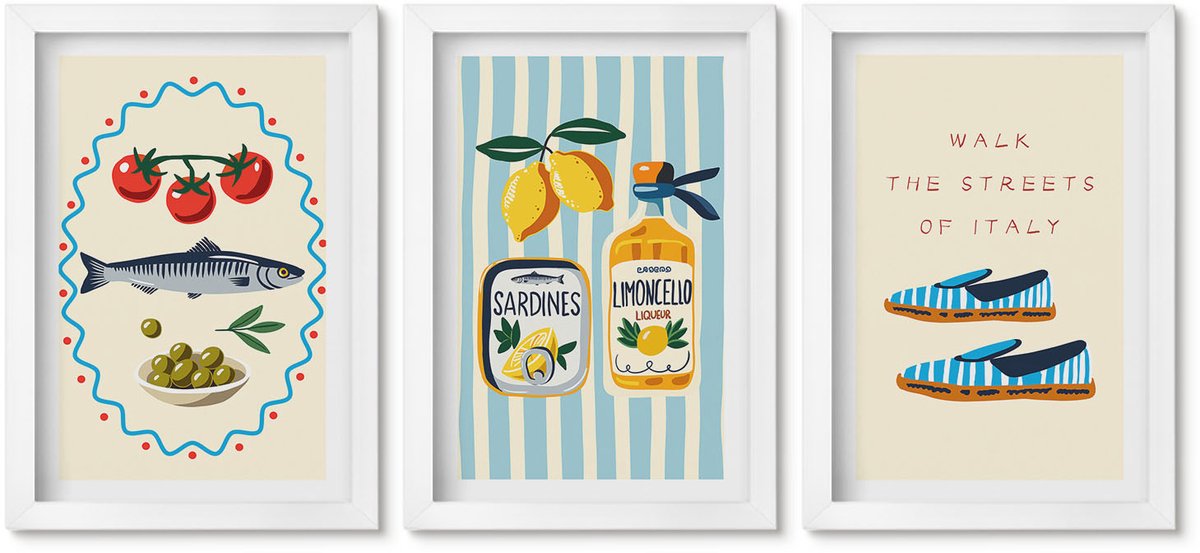 Wallfluent 3-Delige Schilderij Set - Italiaanse Smaken En Levensstijl In Kleurrijke Afbeeldingen - 20 x 30 - Muurdecoratie - Wanddecoratie - Hal
