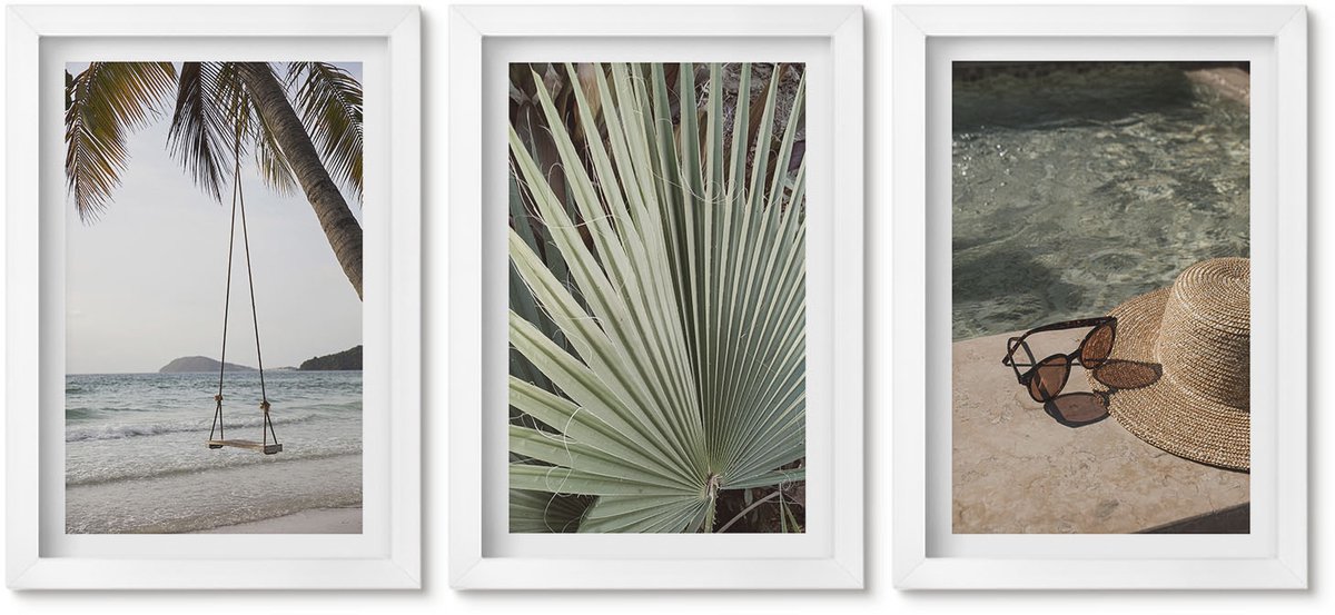 Wallfluent 3-Delige Schilderij Set - Vakantie Aan Het Strand Met Palmbladerenschommel - 20 x 30 - Moderne Wanddecoratie - Slaapkamer - Stijlvolle Muurdecoratie