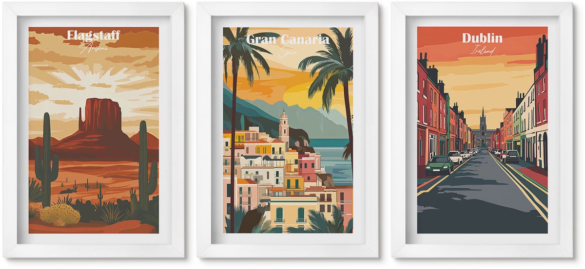 Wallfluent 3-Delige Schilderij Set - Stads- En Natuurlandschappen In Warme Kleuren - 20 x 30 - Wanddecoratie - Schilderijen Set - Interieur