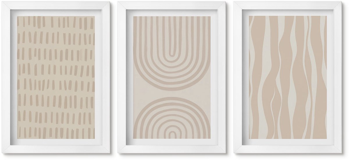 Wallfluent 3-Delige Schilderij Set - Abstracte Patronen In Beige En Witte Tinten. - 20 x 30 - Decoratieve Schilderijen - Woonkamer - Interieur - Interieur Decoratie