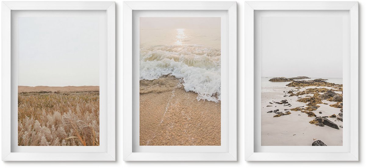 Wallfluent 3-Delige Schilderij Set - Strand Met Golven En Zeestenen In De Zomer - 20 x 30 - Wanddecoratie - Muurdecoratie - Moderne Interieurdecoratie - Interieur Decoratie