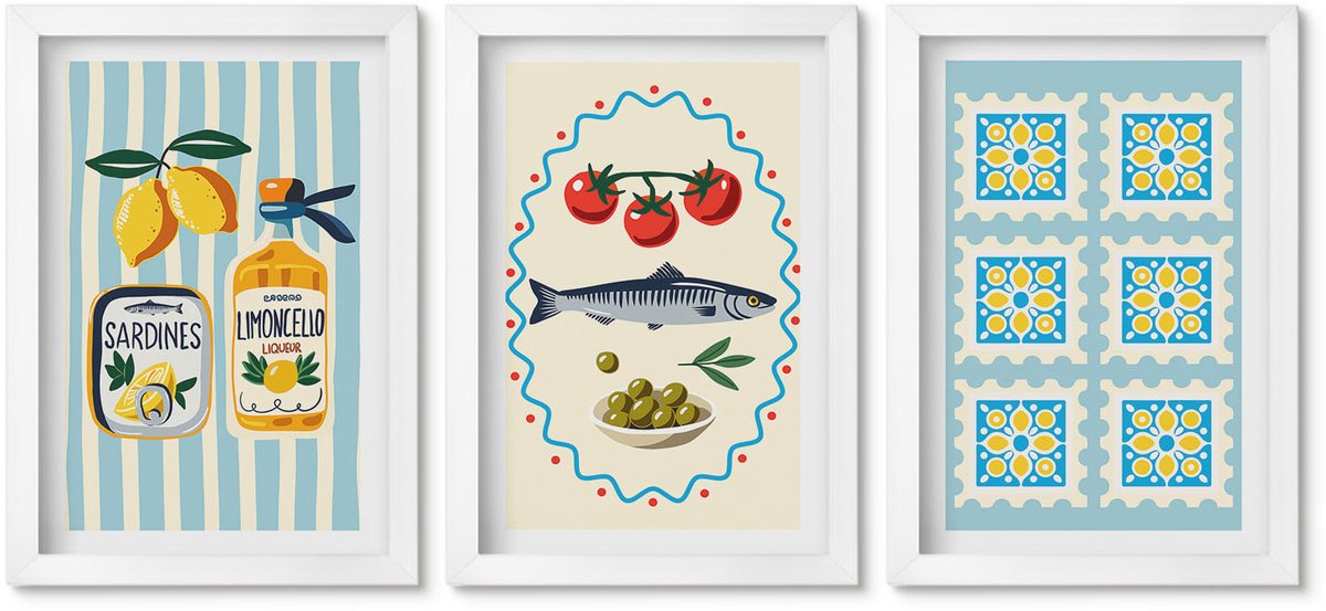 Wallfluent 3-Delige Schilderij Set - Illustraties Van Keukens In Mediterrane Stijl - 20 x 30 - Wanddecoratie - Schilderijen Set - Kantoor - Decoratieve Schilderijen