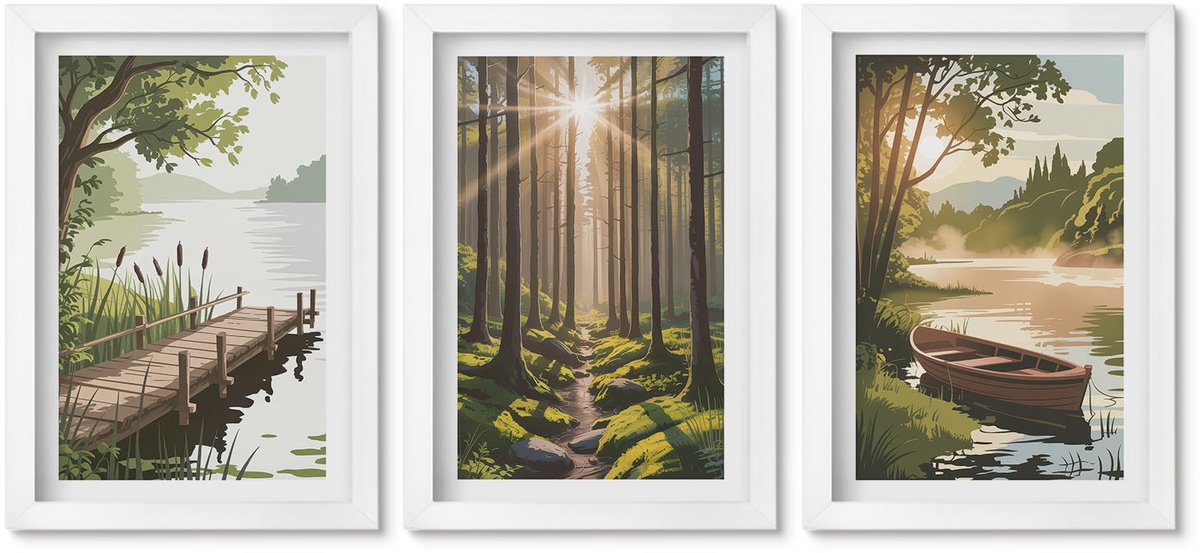 Wallfluent 3-Delige Schilderij Set - Rustige Landschappen Van Bos En Meer Met Een Boot - 20 x 30 - Muurdecoratie - Decoratieve Schilderijen - Wohnzimmer - Interieur Decoratie