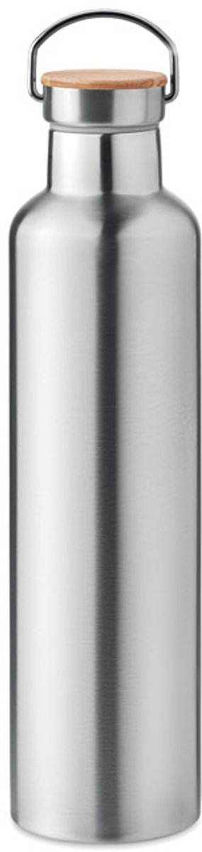 Dubbelwandige vacuüm geïsoleerde RVS drinkfles met bamboe deksel 1L Zilver