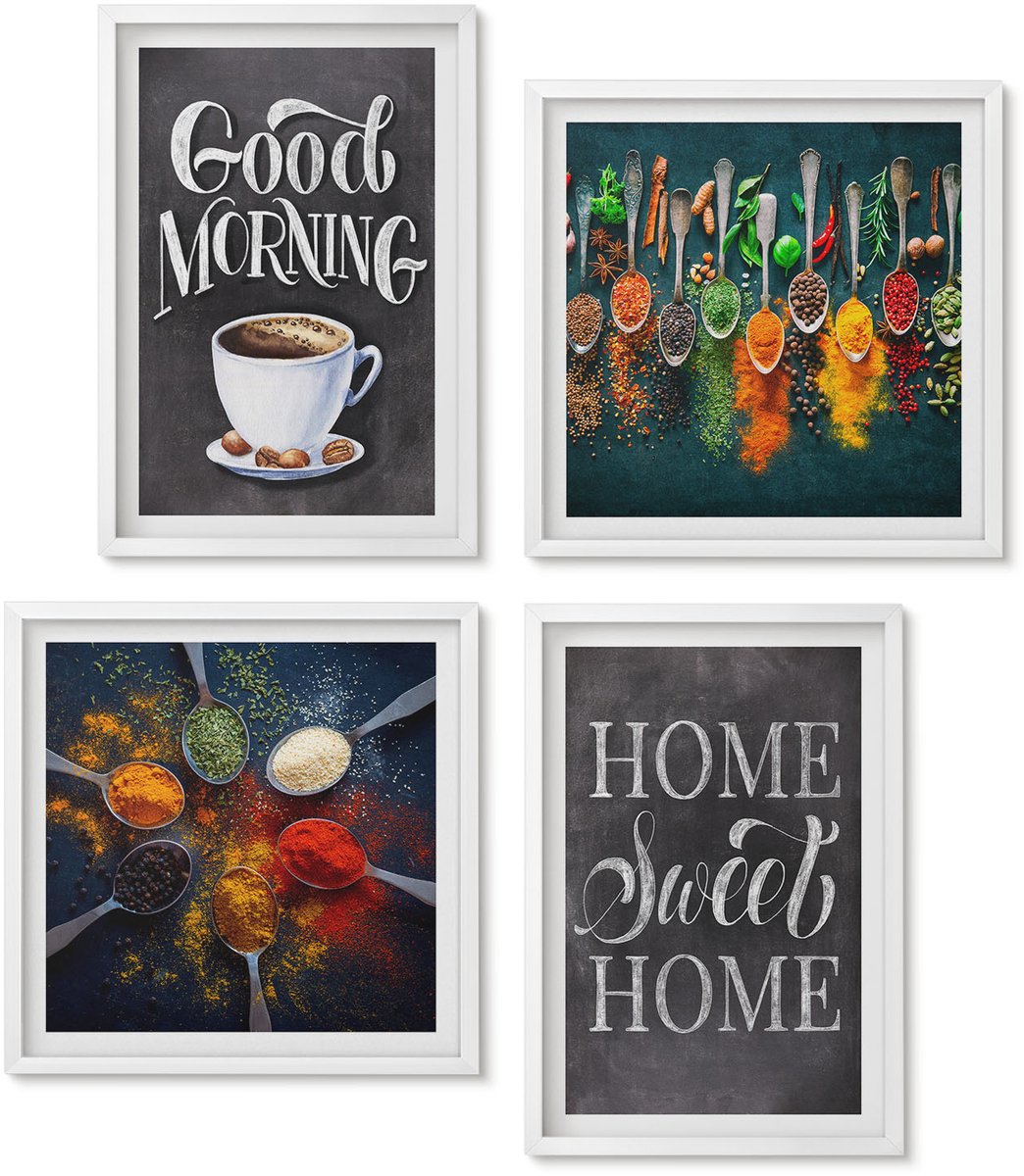Wallfluent 4-Delige Schilderij Set - Kruidenkoffie Met Een Kopje, Keukenkruiden, Specerijen - 40 x 40 En 40 x 60 - Wanddecoratie - Moderne Interieurdecoratie