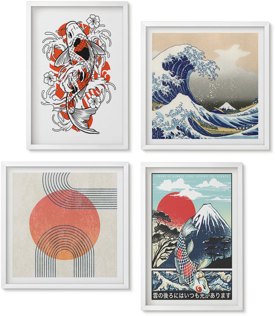 Wallfluent 4-Delige Schilderij Set - Illustraties Van De Visbergen En De Grote Golf Voor De Kust Van Kanagawa In Japanse Stijl. - 40 x 40 En 40 x 60 - Wanddecoratie - Schilderijen Set - Interieur - Stijlvolle Muurdecoratie