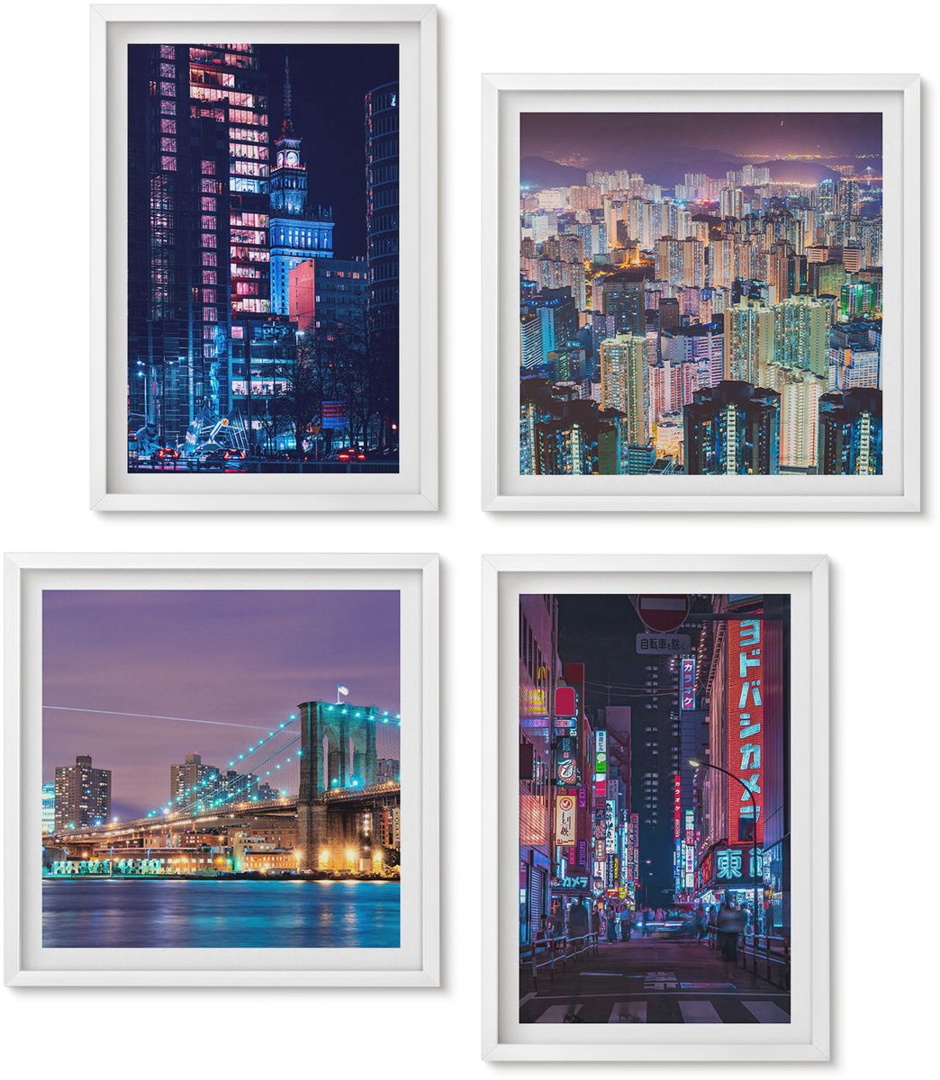 Wallfluent 4-Delige Schilderij Set - Nachtelijke Stadsgezichten Met Neonlichten - 40 x 40 En 40 x 60 - Stijlvolle Muurdecoratie - Slaapkamer