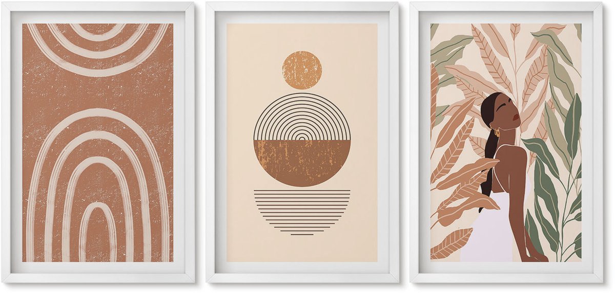Wallfluent 3-Delige Schilderij Set - Stijlvolle Patronen Met Plantmotieven En Geometrische Vormen. - 40 x 60 - Decoratieve Schilderijen - Woonkamer - Interieur - Wanddecoratie