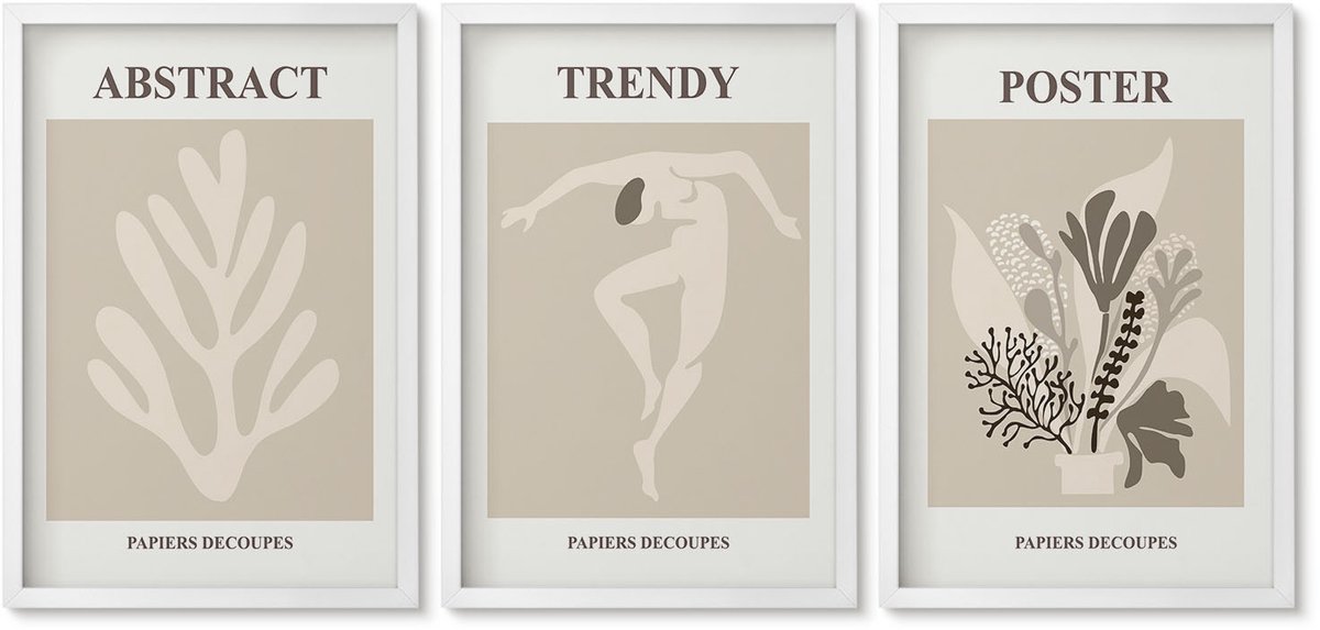 Wallfluent 3-Delige Schilderij Set - Plantenpatronen In Beige En Bruine Tinten - 40 x 60 - Moderne Wanddecoratie - Woonkamer