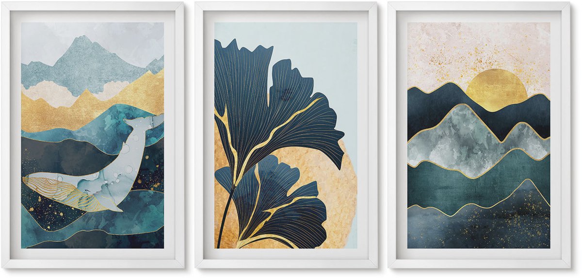 Wallfluent 3-Delige Schilderij Set - Abstracte Esthetische Vergezichten Met Bergen En Planten - 40 x 60 - Wanddecoratie - Muurdecoratie - Moderne Interieurdecoratie