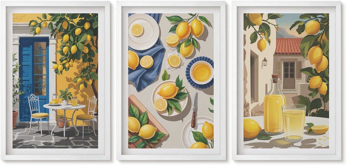Wallfluent 3-Delige Schilderij Set - Citroentuin Met Citroenen En Drankjes Op Tafel. - 40 x 60 - Stijlvolle Muurdecoratie - Kantoor - Moderne Wanddecoratie