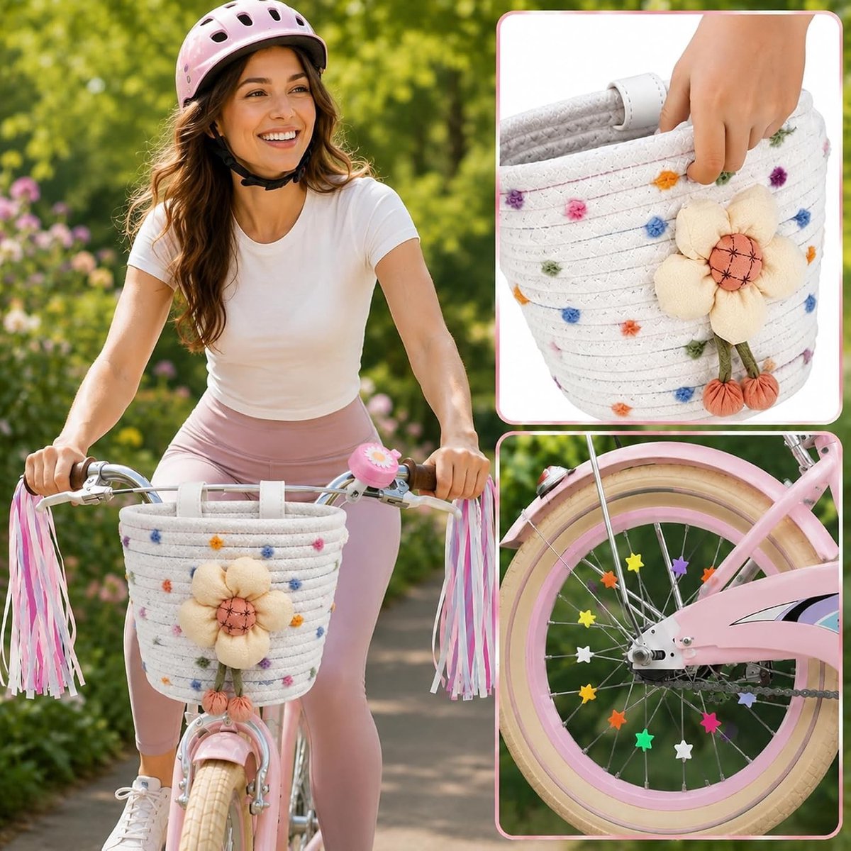 Fietsmand voor Kinderen - Kleur - 19,5 x 15,5 x 14,5 cm - Geweven Materiaal met Decoratieve Accessoires - Voor Kinderen