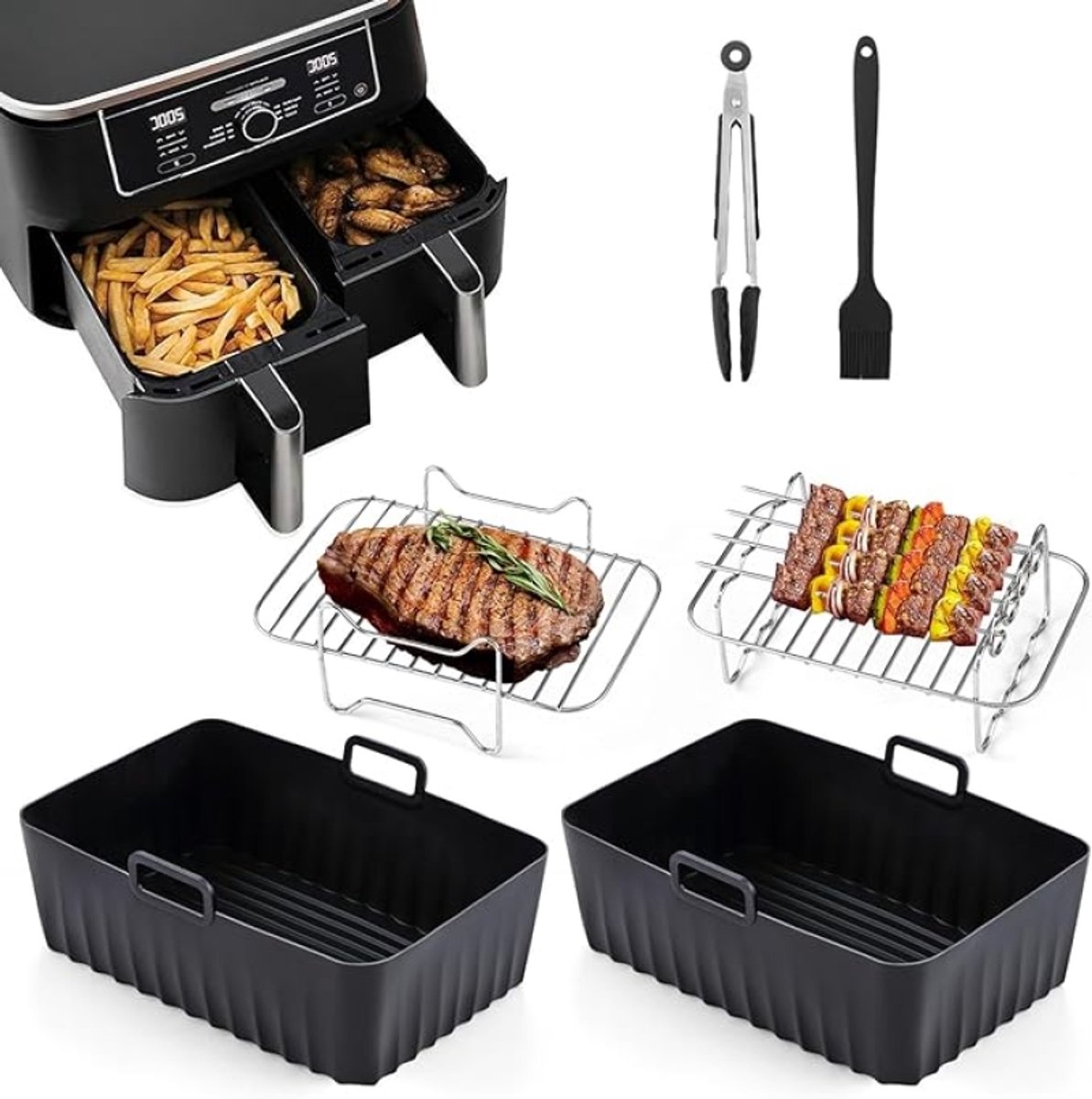 10-delige Airfryer accessoireset voor Ninja Foodi AF300EU en AF400EU, siliconen bakvormen, roestvrijstalen rooster, spieshouder met 4 spiesen, kwast en tang, vaatwasserbestendig