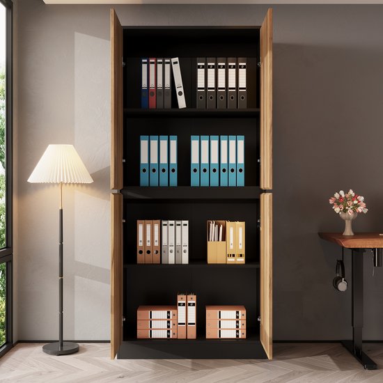 STILVORA Hoge Kast Met Verstelbare Planken En Soft Close - Zwart En Eiken Optiek - Voor Kantoor Woonkamer En Hal - 80 X 35 X 180 Cm — afbeelding 2