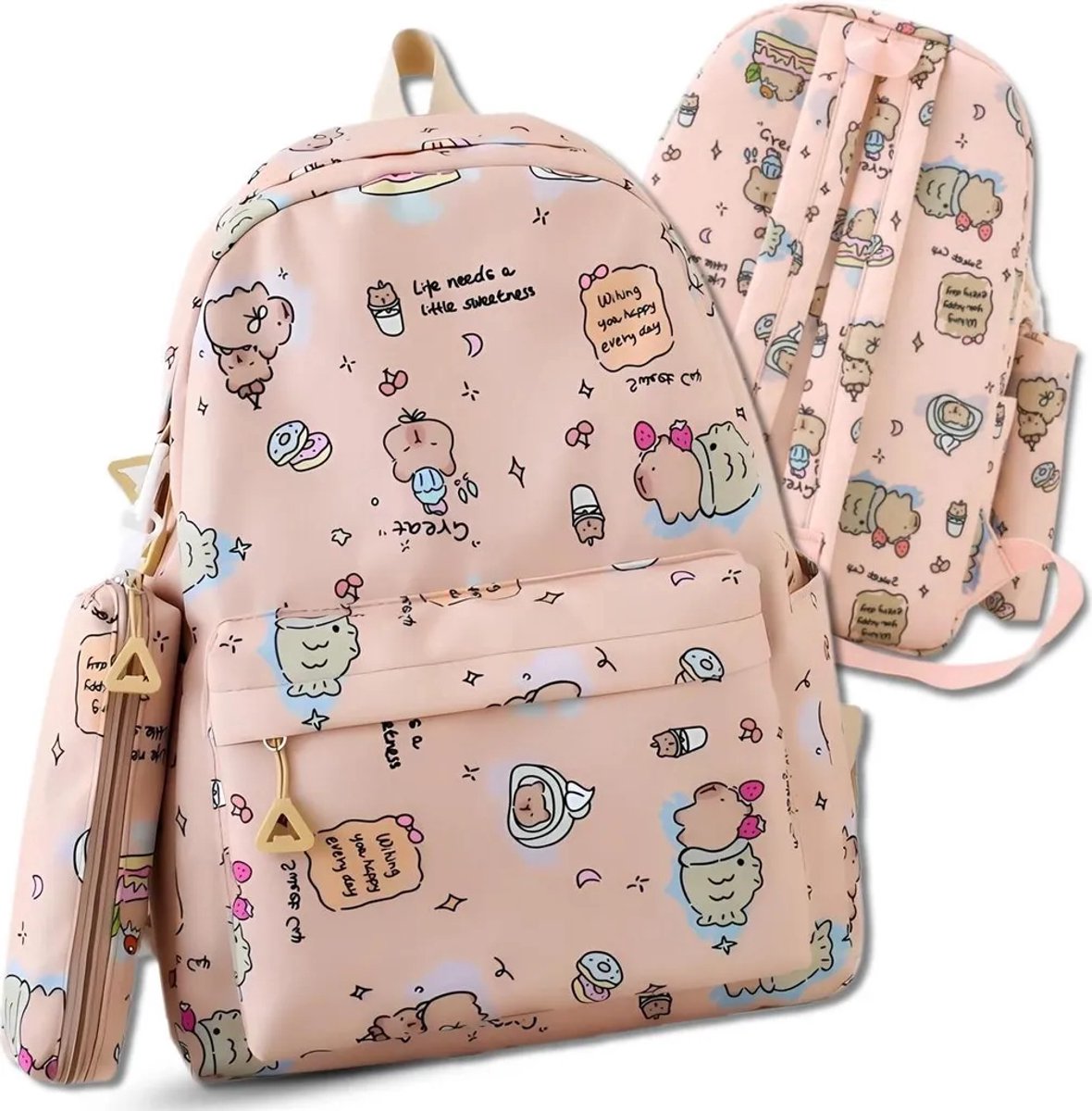 Kinderrugzak met ingebouwd etui, duurzame tas, ruime casual rugzak voor middelbare scholieren, melktheekleur.