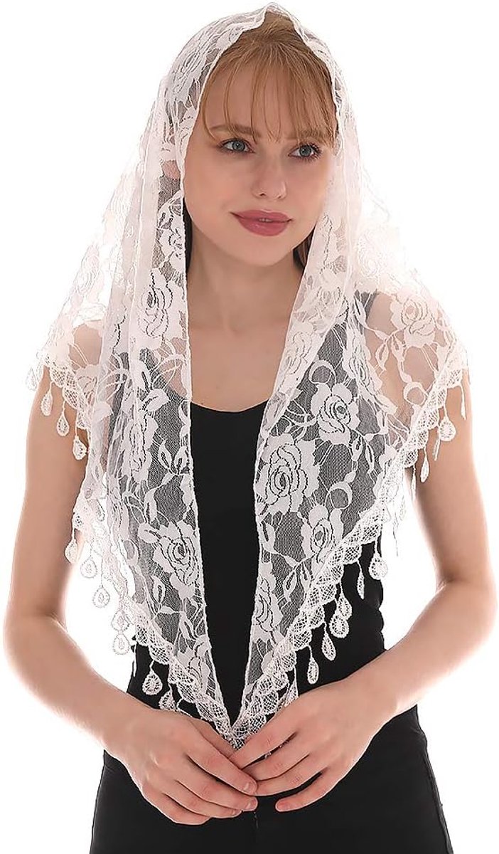 Witte Kanten Sluier voor Katholieke Mis - Elegante Hoofddoek voor Kerk en Kapel - Devotie Hoofdbedekking voor Eucharistieviering