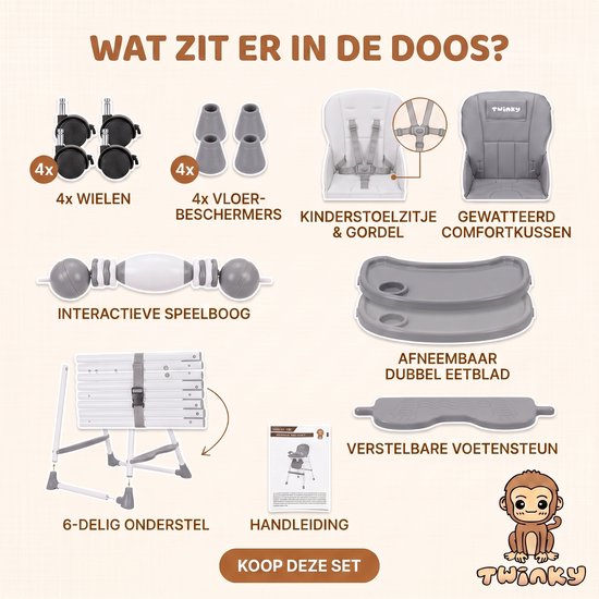 Twinky® Kinderstoel - 2-in-1 Kinderwagen Set - Grey - Inklapbare Eetstoel & Baby Wagentje en Babystoel Voor Aan Tafel - Kinderzetel, Peuterstoeltje en Meegroeistoel in 1 van Twinky — afbeelding 4