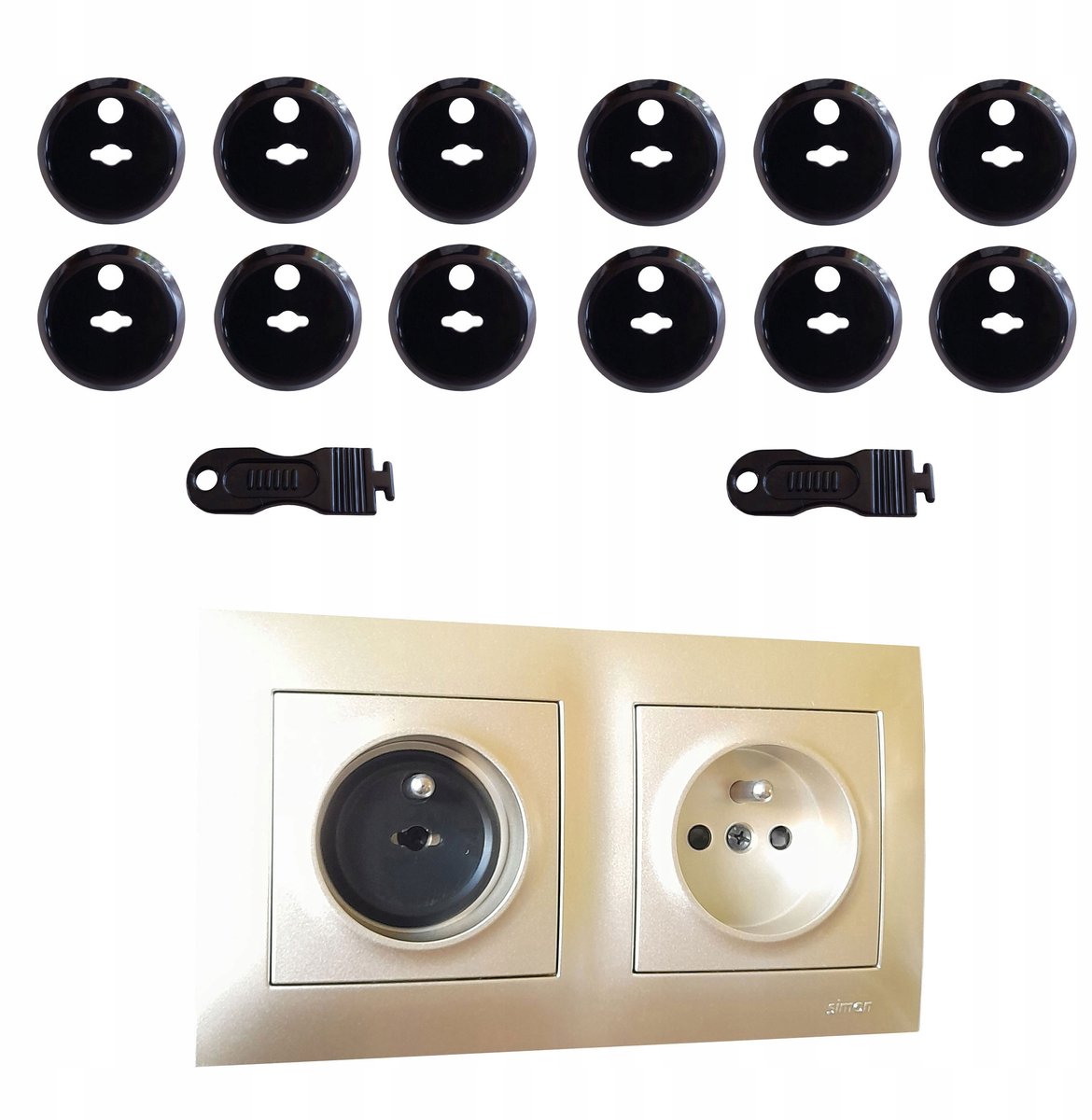 12x Zwarte Stopcontact Beveiligers + 2 Sleutels