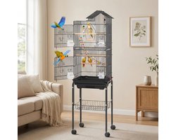 Pawmate Vogelkooi Zwart - Vogelkooi voor Binnen voor Kleine Vogels - Compacte Voliere - Open Dak - 89x44x35 cm - Tafelmodel zonder Onderstel