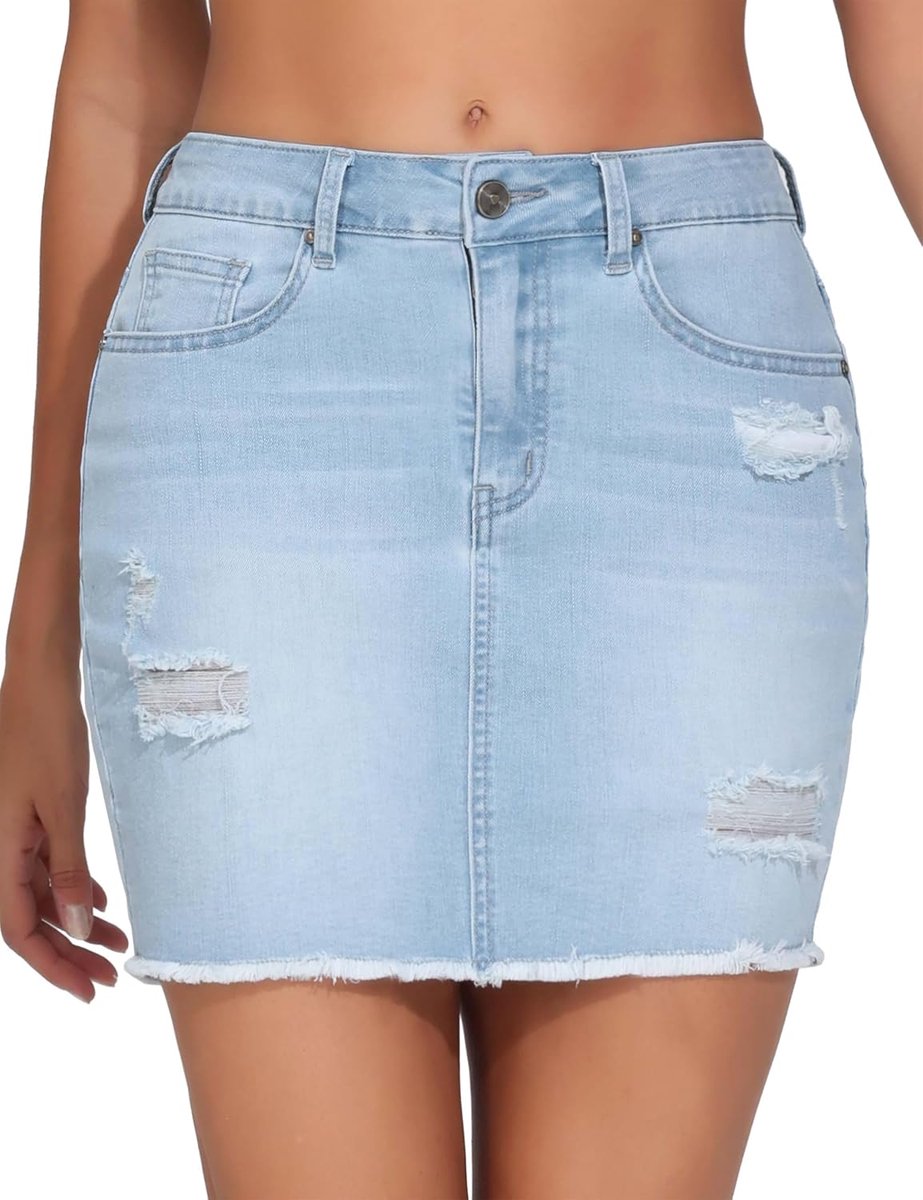 THE GYM PEOPLE Ripped Denim Women's Mini Skirt, Stretchy, Squared, Raw Hem, Casual, Trendy Denim Skirt with Pockets - ShopVlot