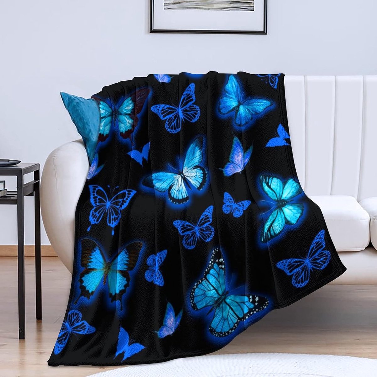 flanel Fleece deken - Plaid - 100 x 130 cm - Warmtedeken - Dekentje - Ultrazachte Plaid – Lichtgewicht & Comfortabel - Plaid voor Bank & Bed - Scandinavisch Woondeken - blauwe vlinders design
