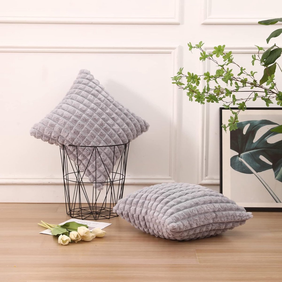 Mandioo Set of 2 super soft plush faux fur pillowcases 20x20 inch, plaid texture modern luxury decorative pillowcase - ShopVlot
