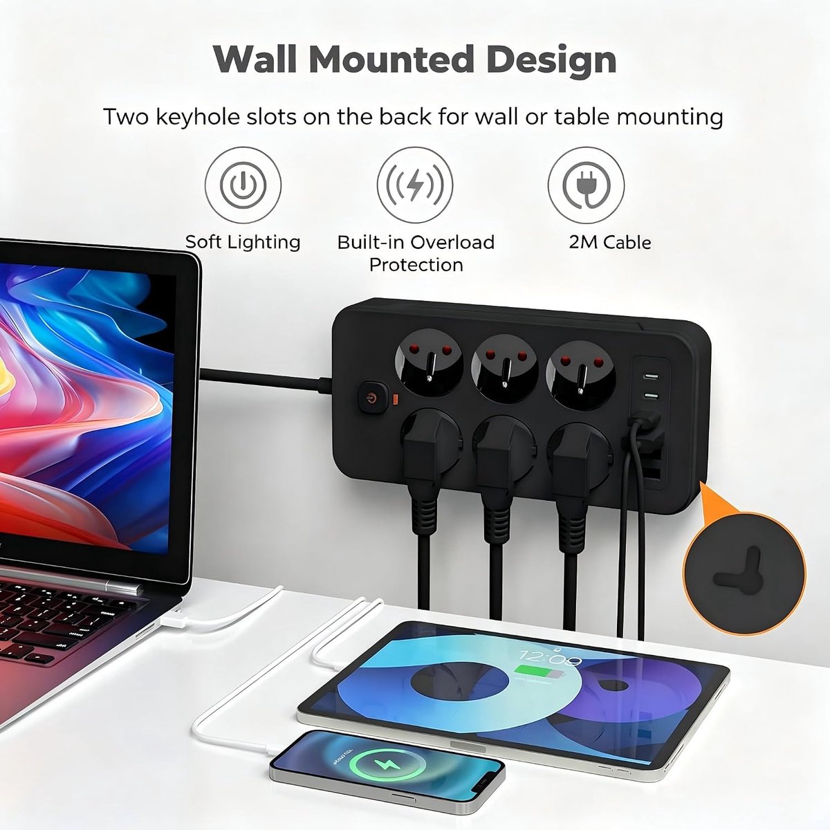 Stekkerdoos 6 stopcontacten met USB - type E 2P+T - snellaadfunctie - ideaal voor laptop en apparaten - ShopVlot
