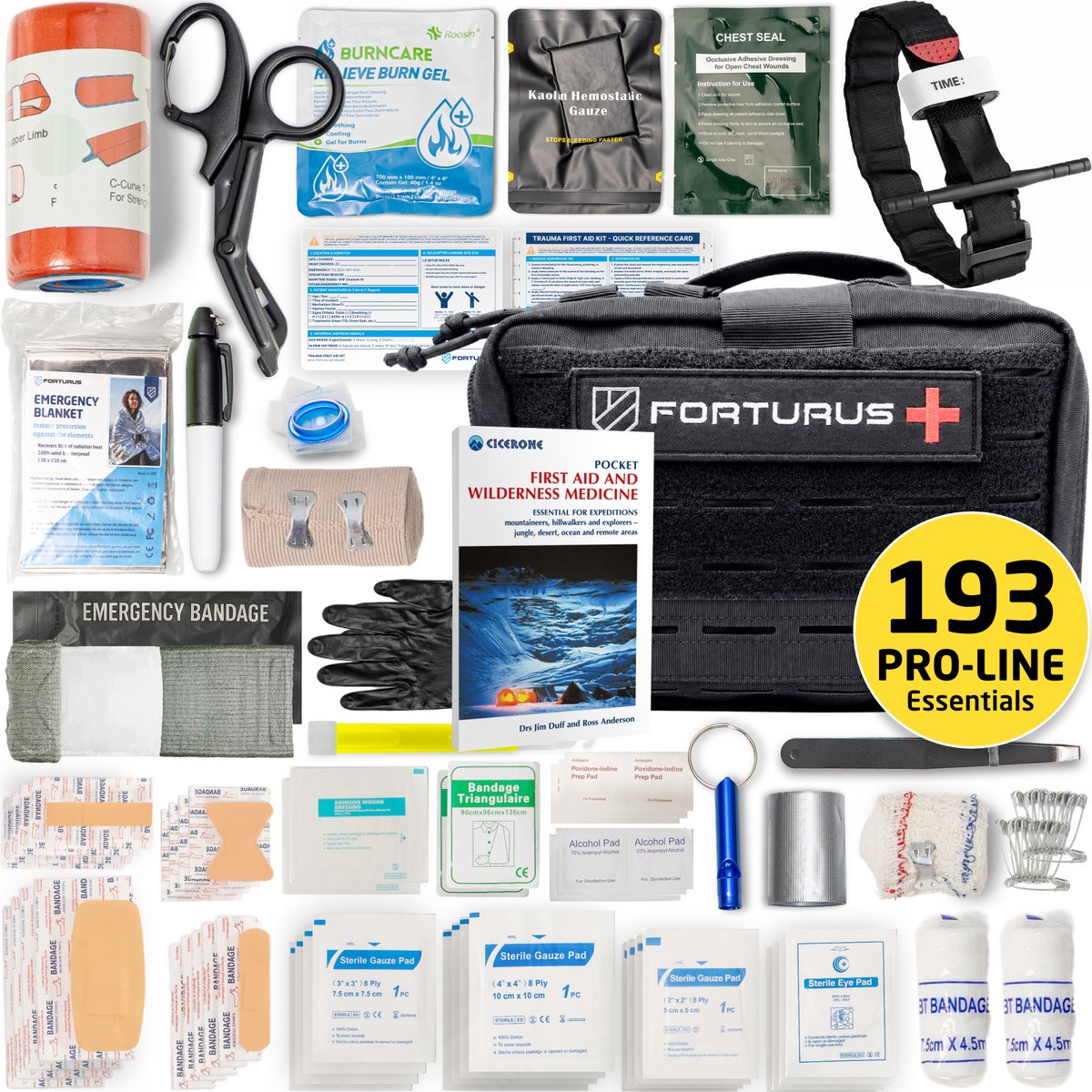 Forturus® Trauma EHBO Kit PRO LINE MARCH 193-delig – Tactische First Aid Set met Wilderness Medicine Gids, Militaire Tourniquet (CAT-type), Chest Seal, Bloedstelpend Kaolin Gaas, Brandwondverband, Spalk & CPR-masker voor Noodpakket, Outdoor & Camper