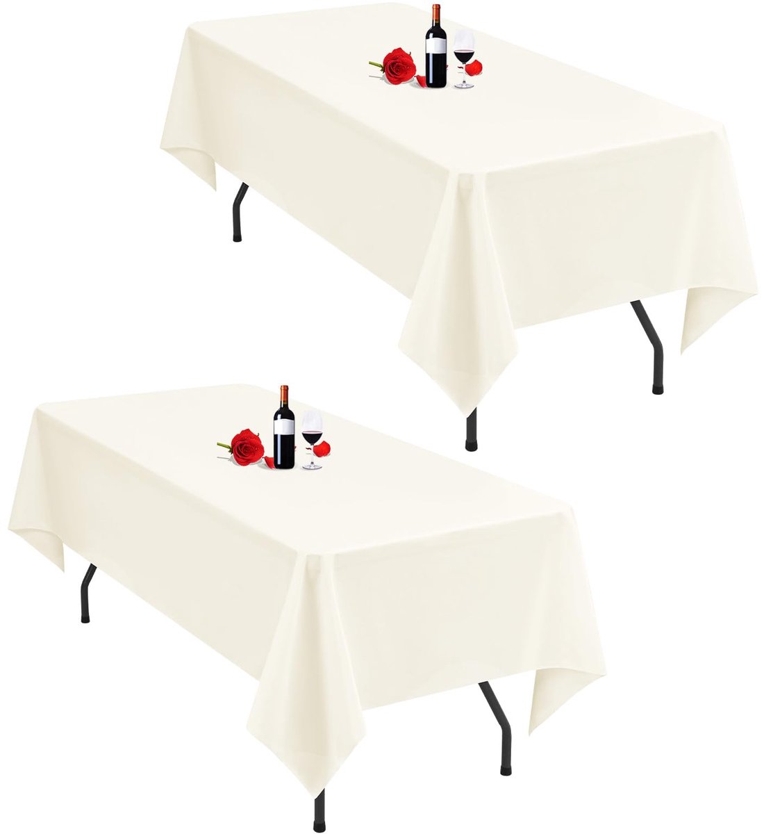 Famanu – Set van 2 ivoorkleurige tafelkleden, 153 x 260 cm, rechthoekige polyester tafelkleden, wasbaar, perfect voor bruiloften en feesten