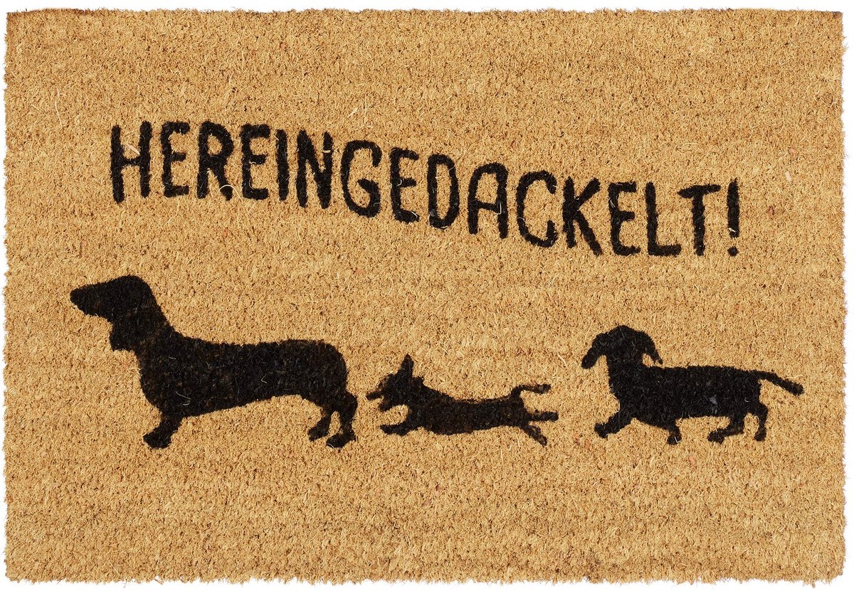 Famanu Deurmat van kokos met tekst 'Hier ingedackelt', voor binnen en buiten gebruik, kokosmat van 40x60 cm, natuurlijke uitstraling Naturel