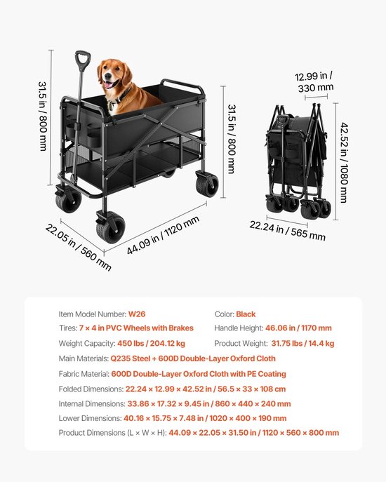 VidaStore bolderkar - Opvouwbare bolderkar - Bolderwagen - Bolderkar opvouwbaar - Bolderkarren - Max 200 kg en 200 l - 56x110x80 — afbeelding 3